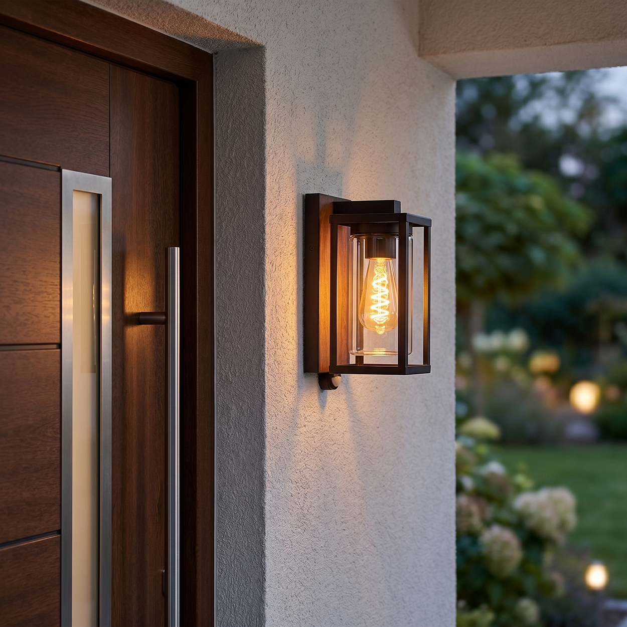 Eine Wandleuchte mit Holz- und schwarzem Metallrahmen beleuchtet den Eingangsbereich.