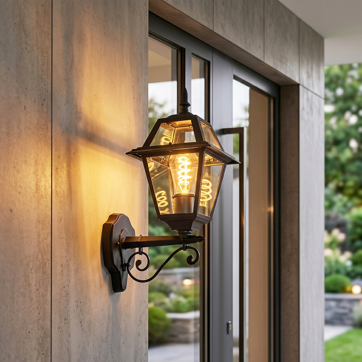 Eine Wandleuchte mit Glühfadenlampe leuchtet auf einer Betonwand neben einer Glastür.