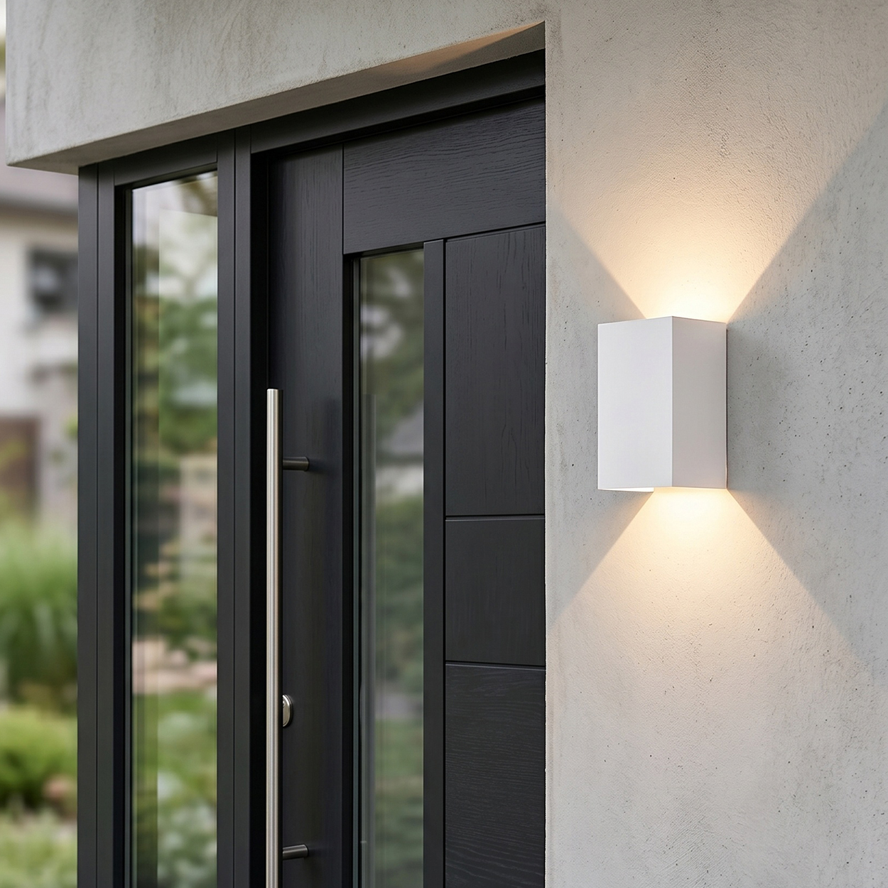Eine weiße Wandleuchte beleuchtet eine graue Betonwand neben einer schwarzen Tür.