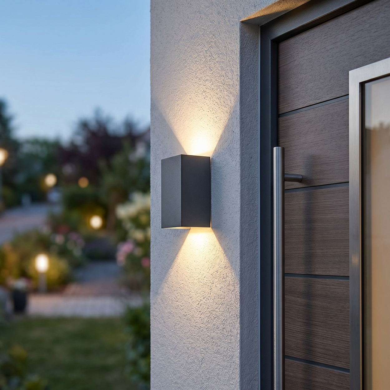 Eine dunkle Wandleuchte beleuchtet eine weiße Hauswand neben einer Holztür.
