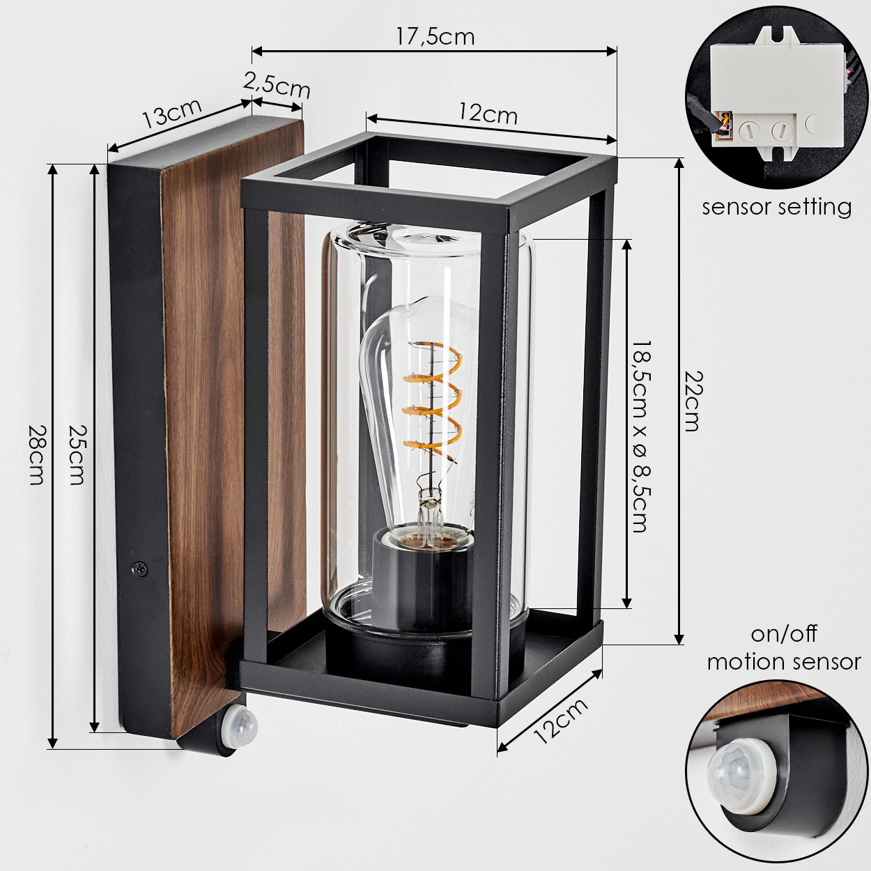 Wandleuchte mit Holzdetail, Glaszylinder und Glühbirne. Maße sind angegeben.