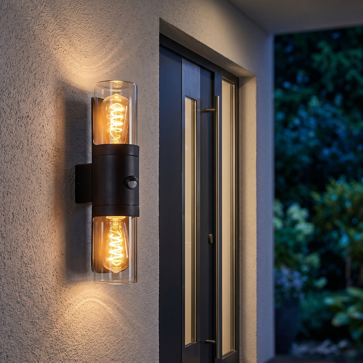 Zwei Glaskolben-Außenleuchten mit Glühfadenlampen beleuchten eine Wand neben einer Tür.