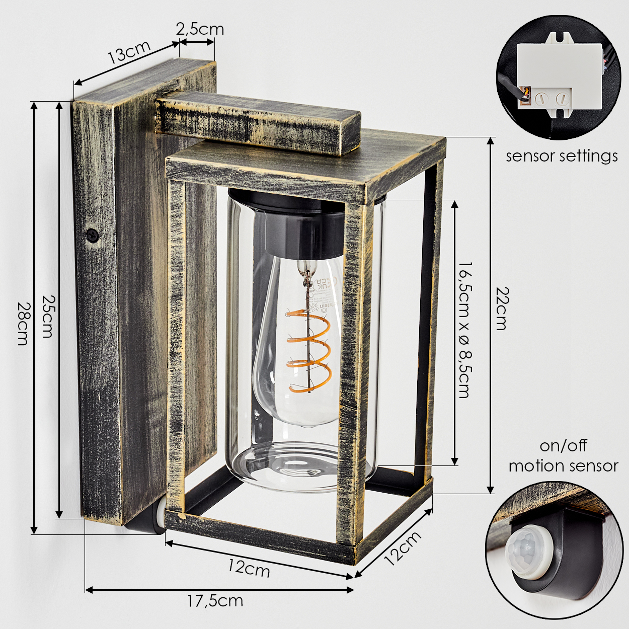 Eine Wandleuchte mit Glaszylinder und Metallsockel, Maße sind angegeben.