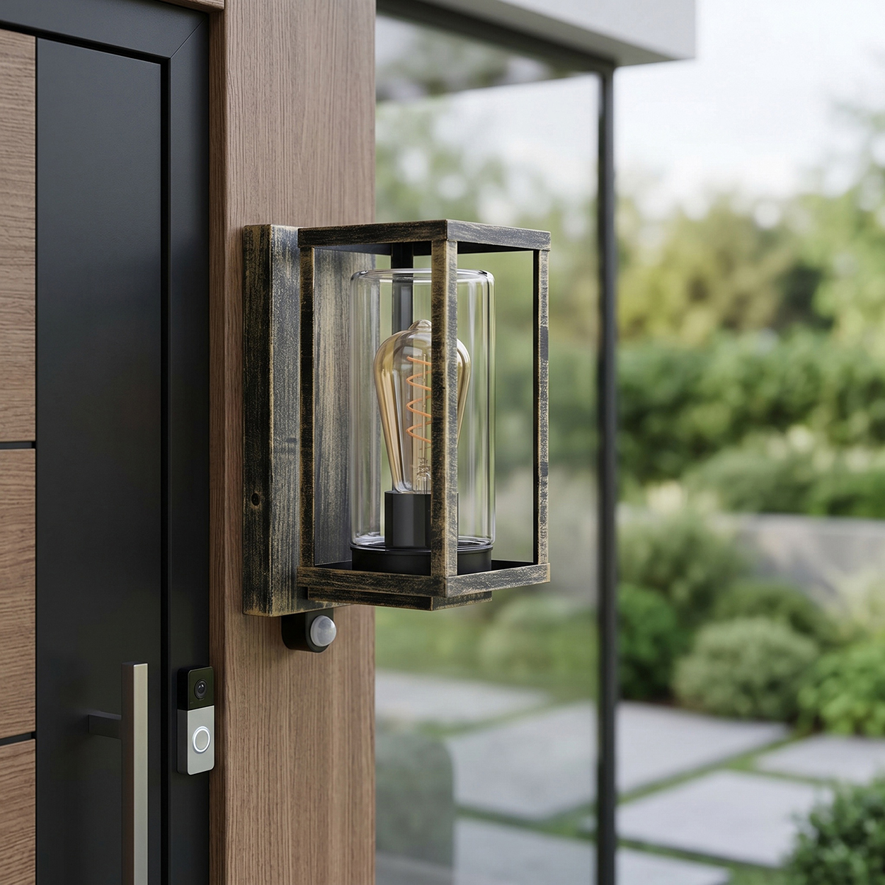 Antike Wandleuchte mit Glaskolben und sichtbarem Glühfaden, neben einer Holztür.