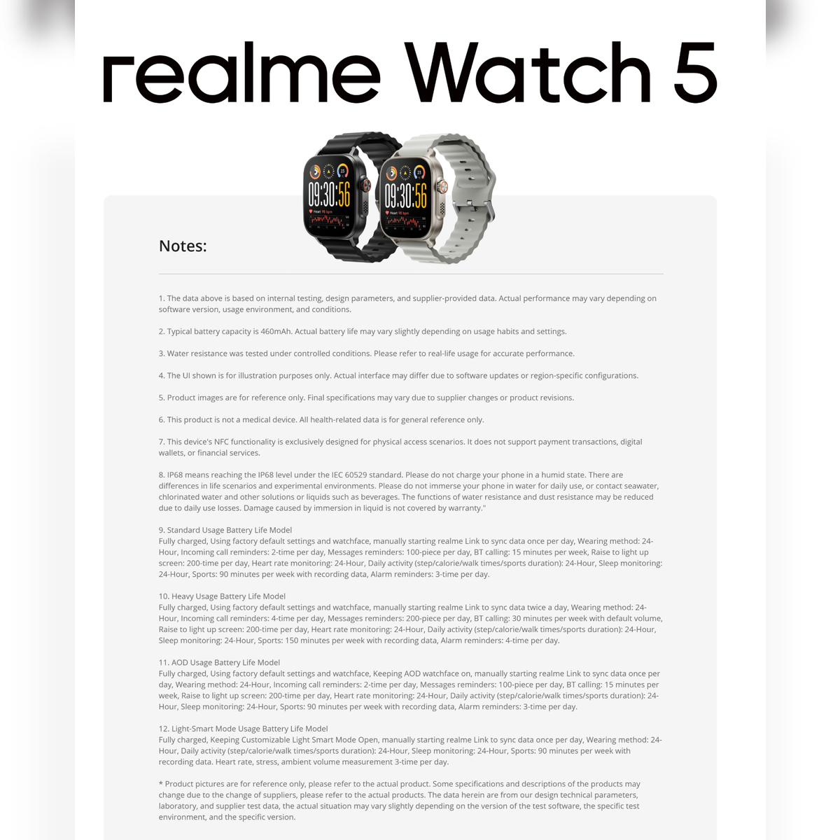 Zwei Realme Smartwatches, eine schwarze und eine weiße, nebeneinander mit der gleichen digitalen Uhrzeit.