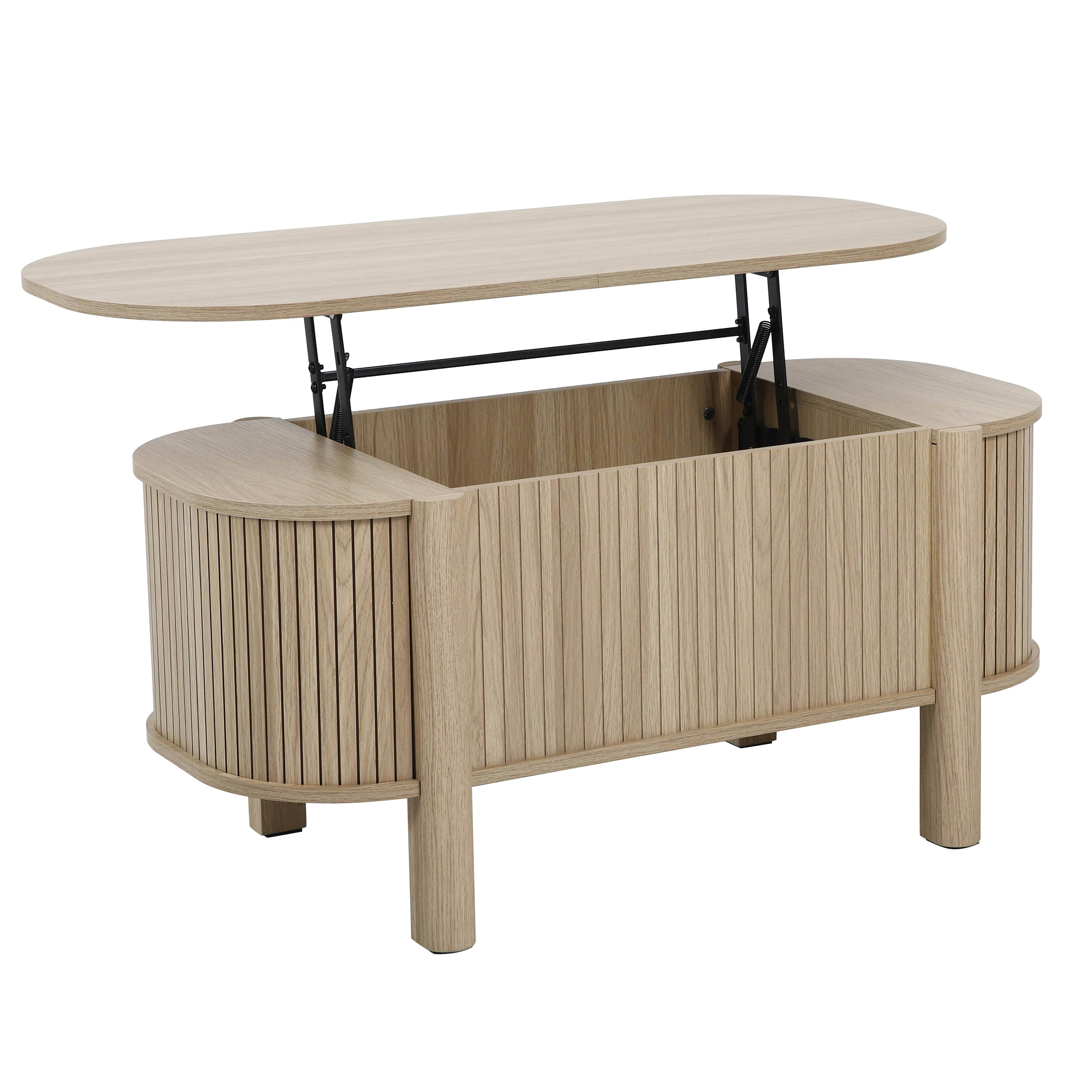 Ein heller Holz-Couchtisch mit aufklappbarer Tischplatte und vertikalen Lamellen.
