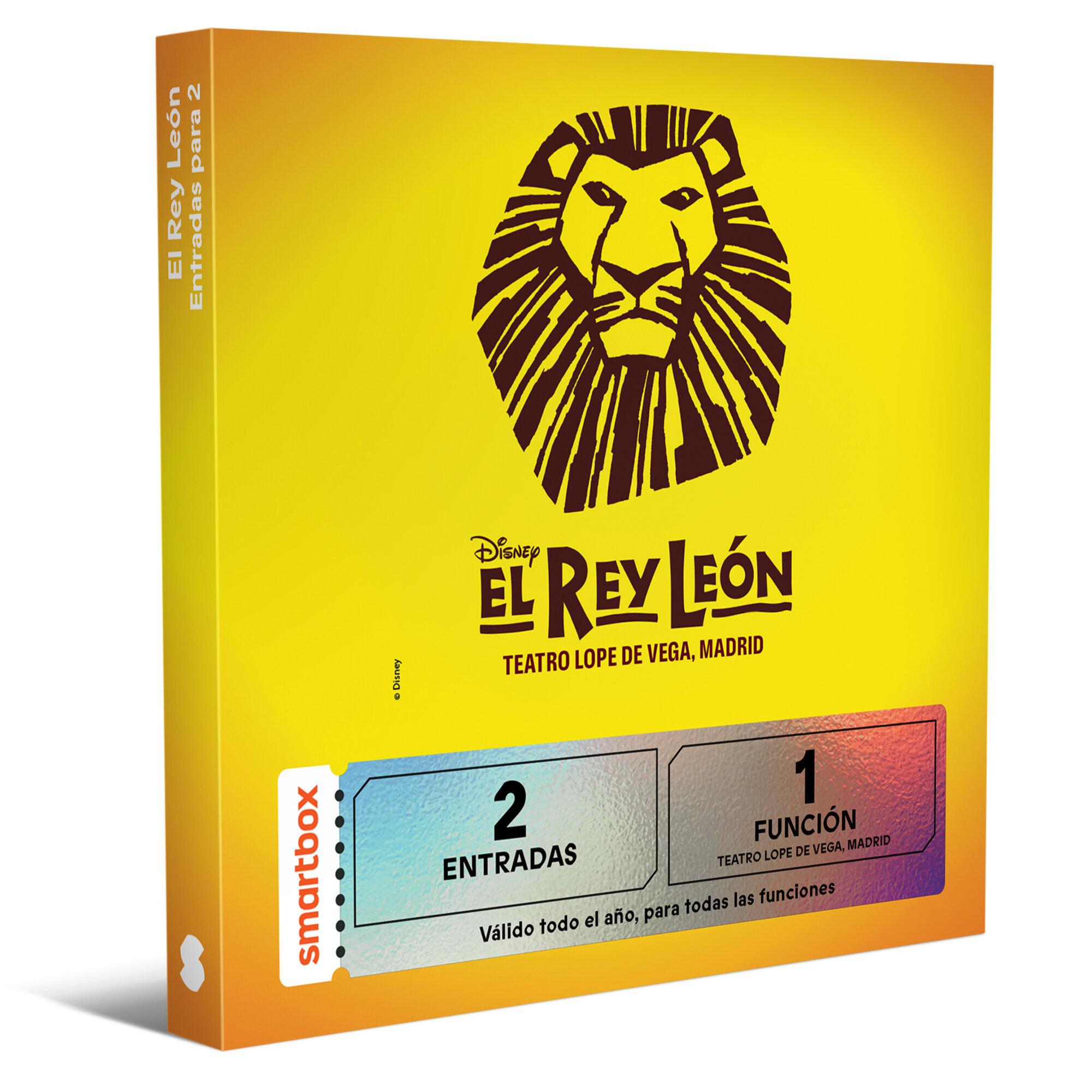 Set de entradas amarillo de "El Rey León" con logo de cabeza de león y texto.