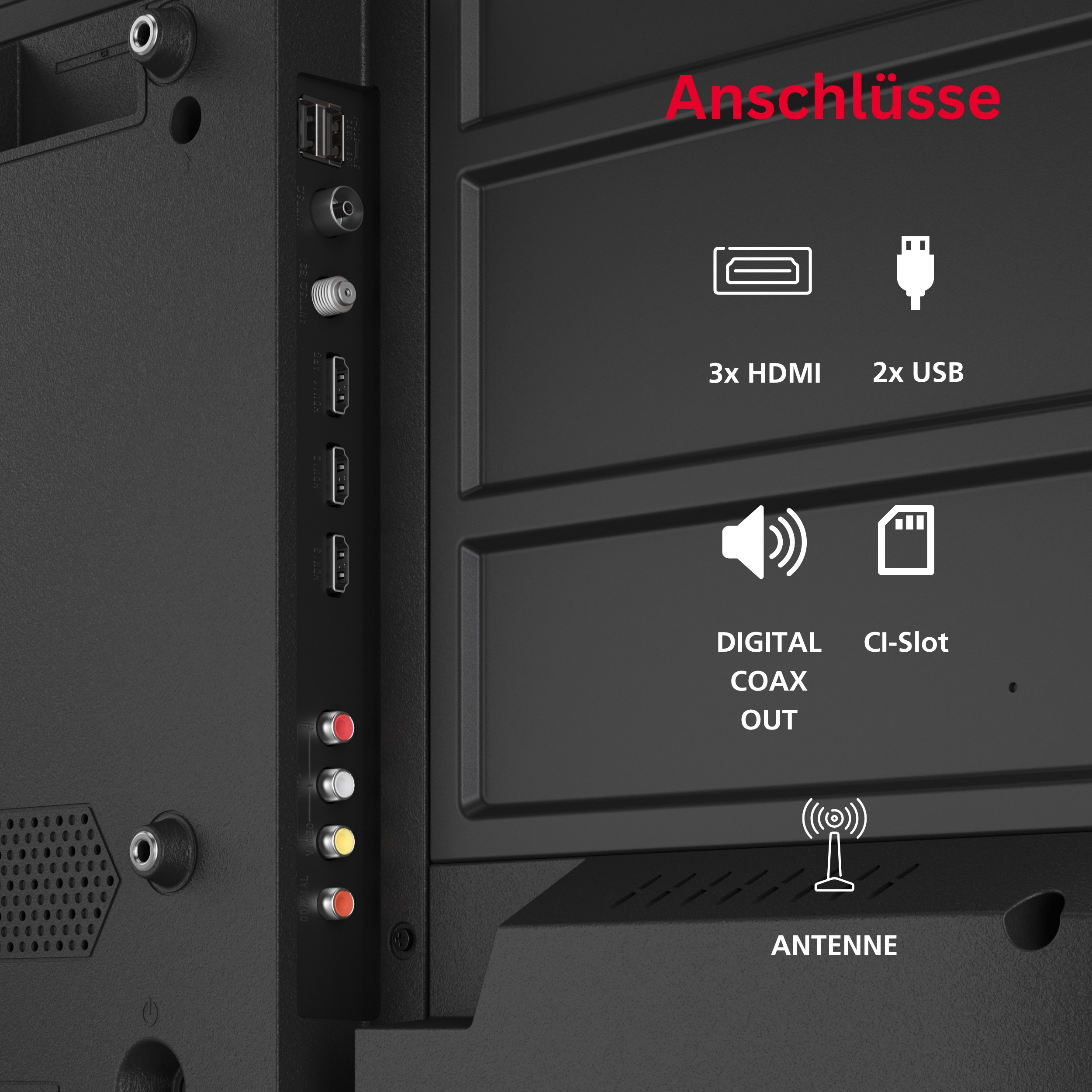 Anschlüsse: 3x HDMI, 2x USB, Digital Coax Out, CI-Slot, Antenne.