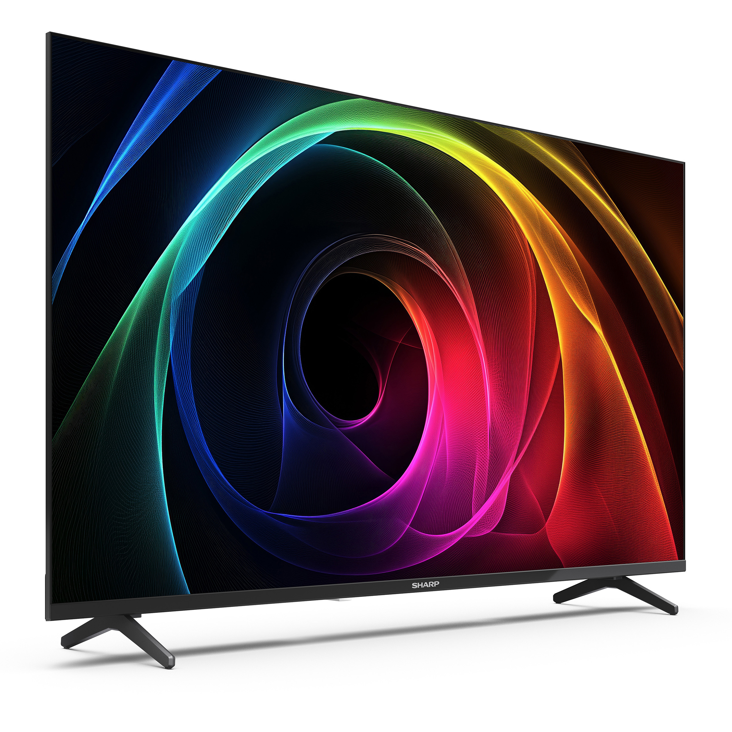 Ein moderner Fernseher mit einem bunten, wirbelnden Muster auf dem Bildschirm.
