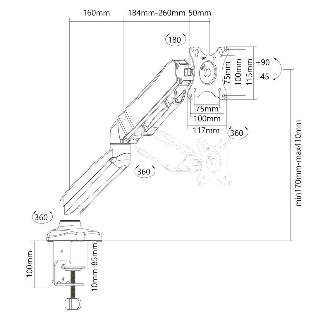 Technische Zeichnung eines Monitorarms mit Maßen und Drehgelenken.
