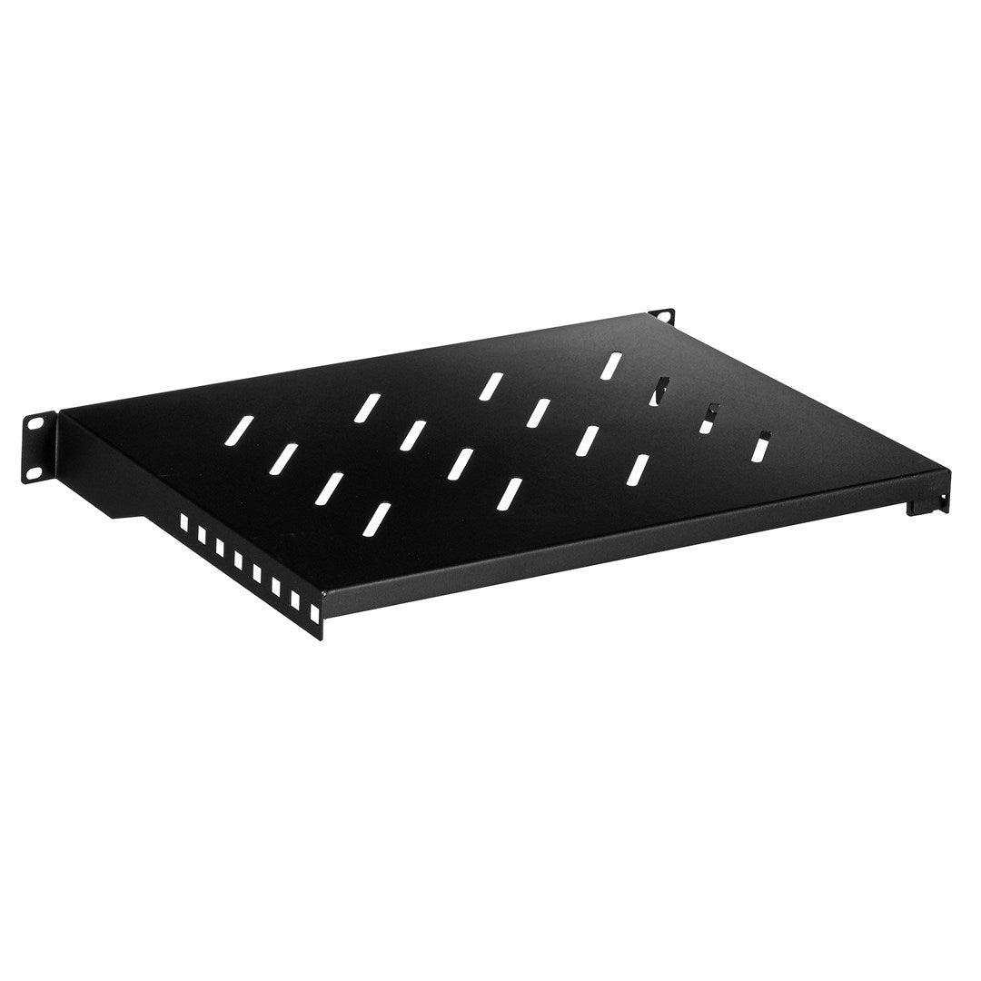 Schwarzes Rack-Regal mit Lüftungsschlitzen und Befestigungslöchern.