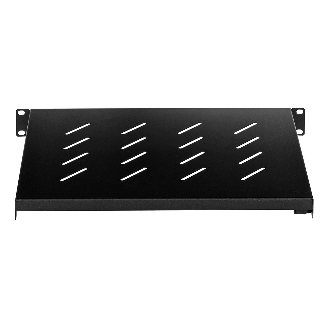 Schwarzes Rack-Regal mit Lüftungsschlitzen und Befestigungslöchern.