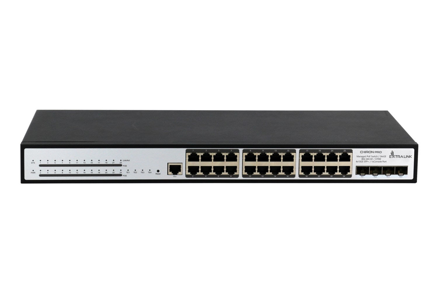 Uno switch di rete nero con 24 porte e LED di stato.