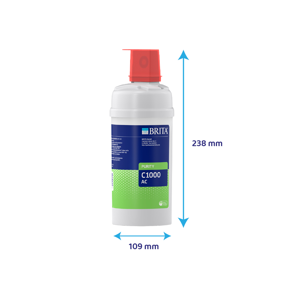 Ein weißer Brita Purity C1000 AC Wasserfilter mit roter Kappe. Maße: 238 mm H x 109 mm B.