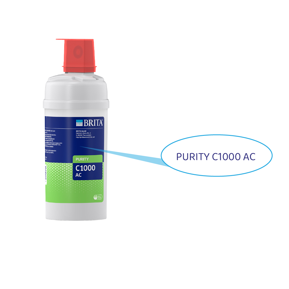 Brita Wasserfilterkartusche mit rotem Verschluss und grüner Markierung. Beschriftung: PURITY C1000 AC.
