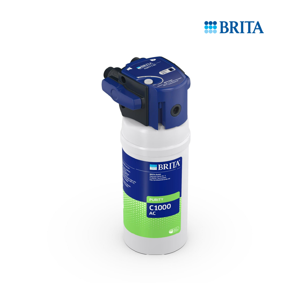 Brita Purity C1000 AC Wasserfilter mit blauem Kopf und weißem Zylinder.