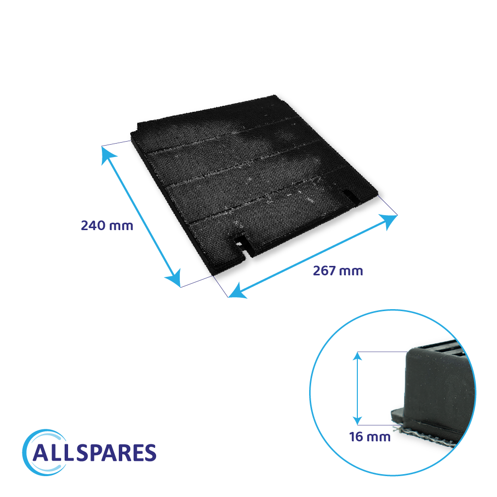 Filtro rettangolare nero, 267x240 mm, con dimensioni e vista di dettaglio.