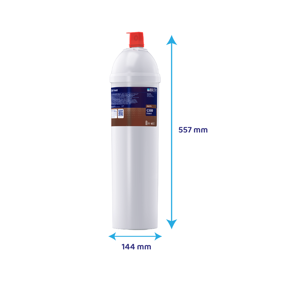 Ein weier Wasserfilter von Brita mit rotem Verschluss. He 557 mm, Breite 144 mm.