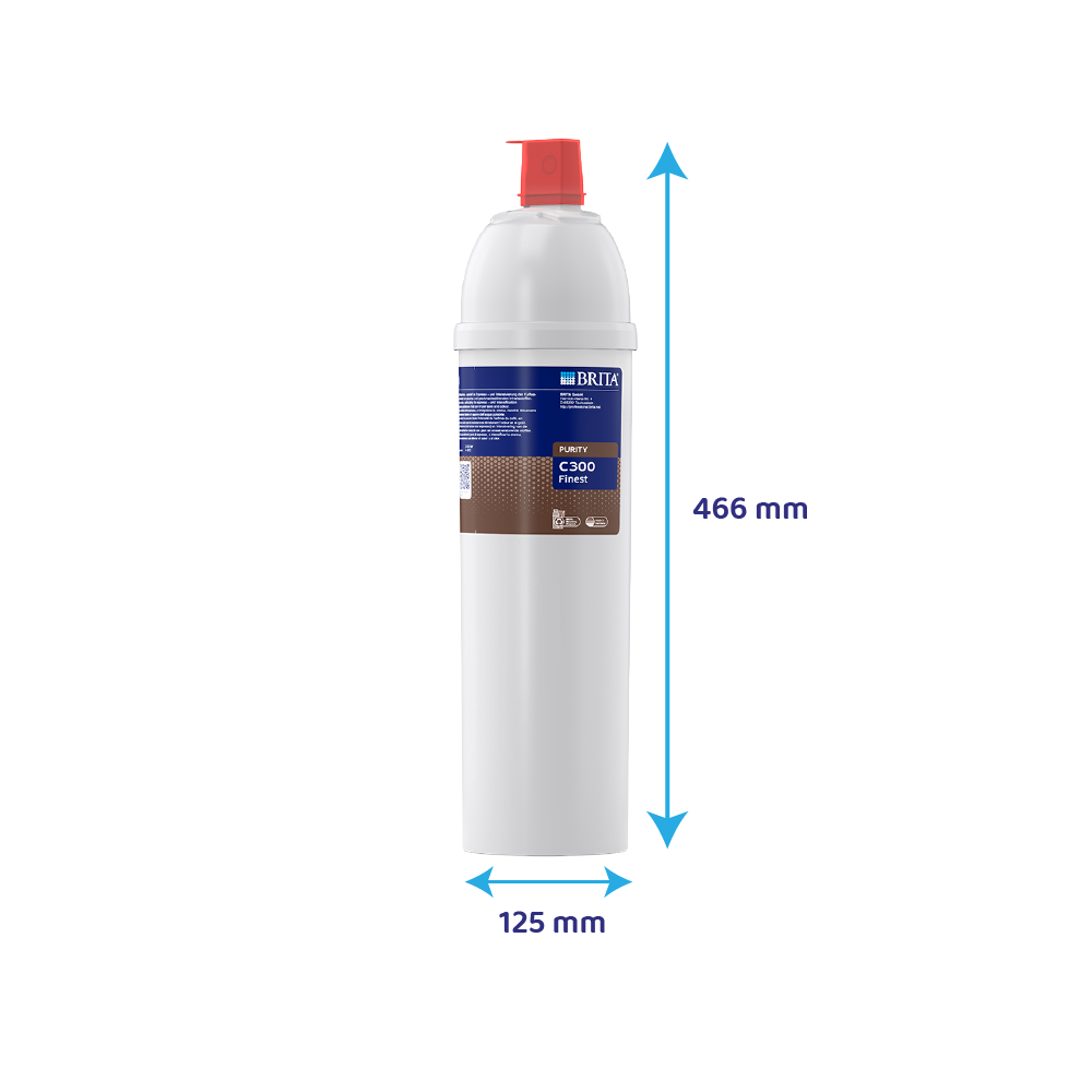 Ein weißer Brita Wasserfilter mit roten und blauen Markierungen. Maße: 466 mm hoch, 125 mm breit.