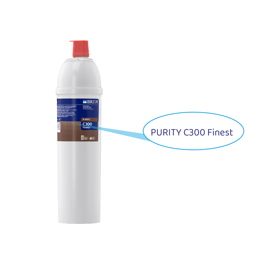 Ein weißer Brita Wasserfilter mit rotem Verschluss und Beschriftung.