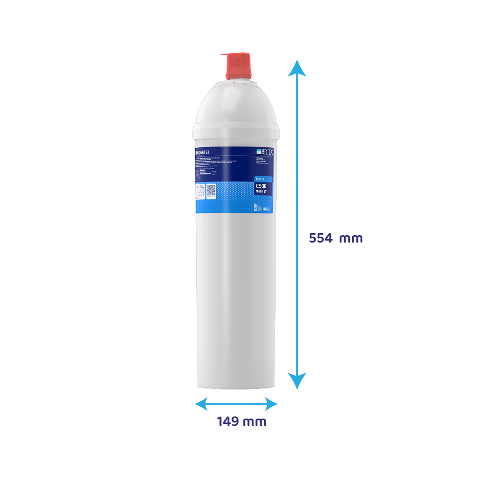 Ein weißer Brita Wasserfilter mit roten Verschluss und blaue Maßeinheiten.