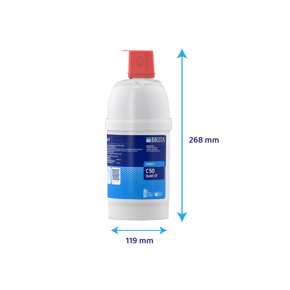 Un filtro acqua Brita C50 Quell ST bianco con tappo rosso. Alto 268 mm, largo 119 mm.