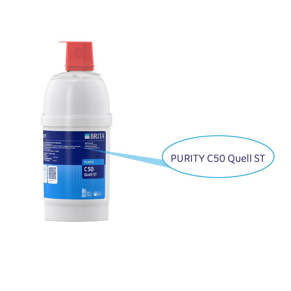 Un filtro acqua Brita bianco con tappo rosso ed etichetta blu.