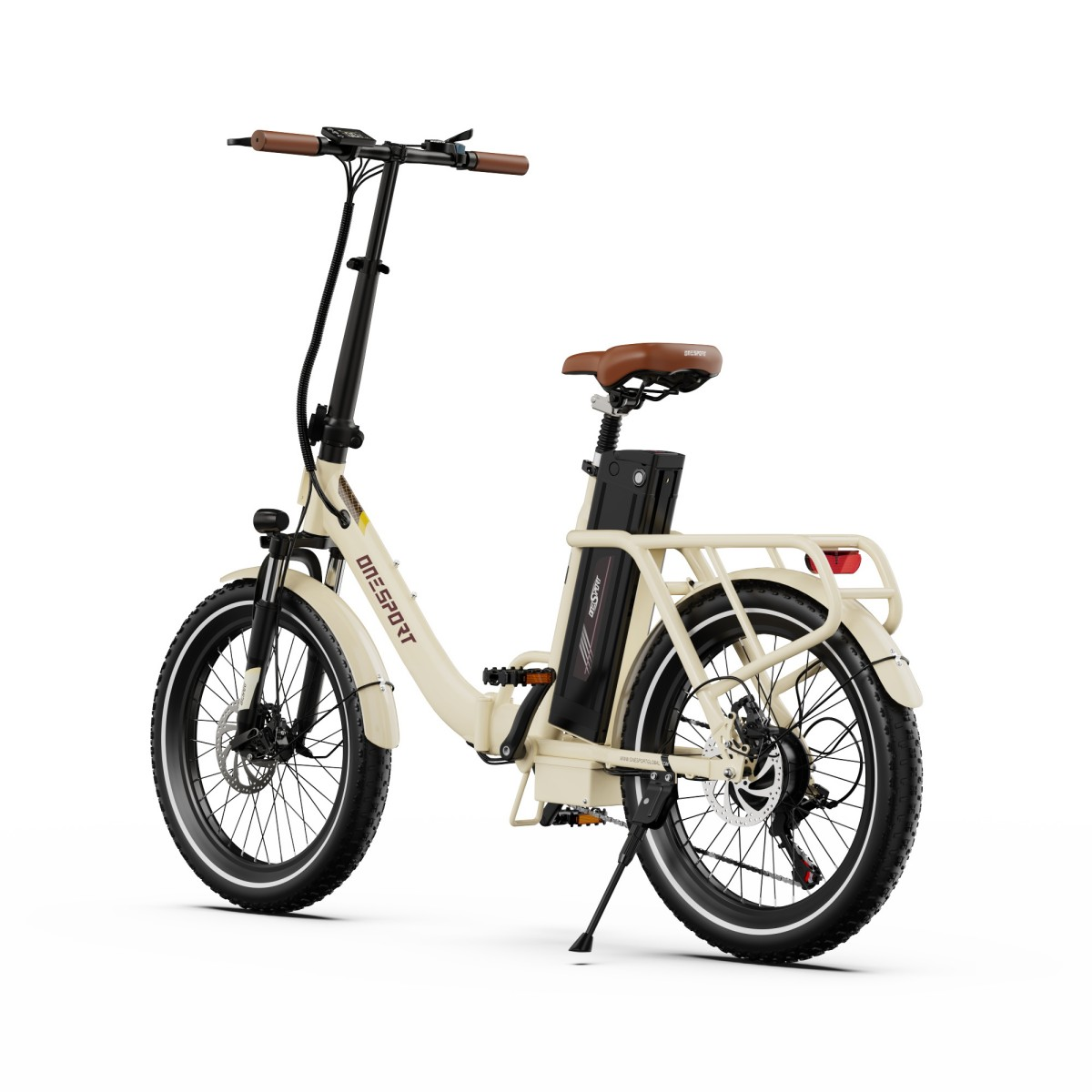 Bici elettrica pieghevole color crema con sella e portapacchi marroni.