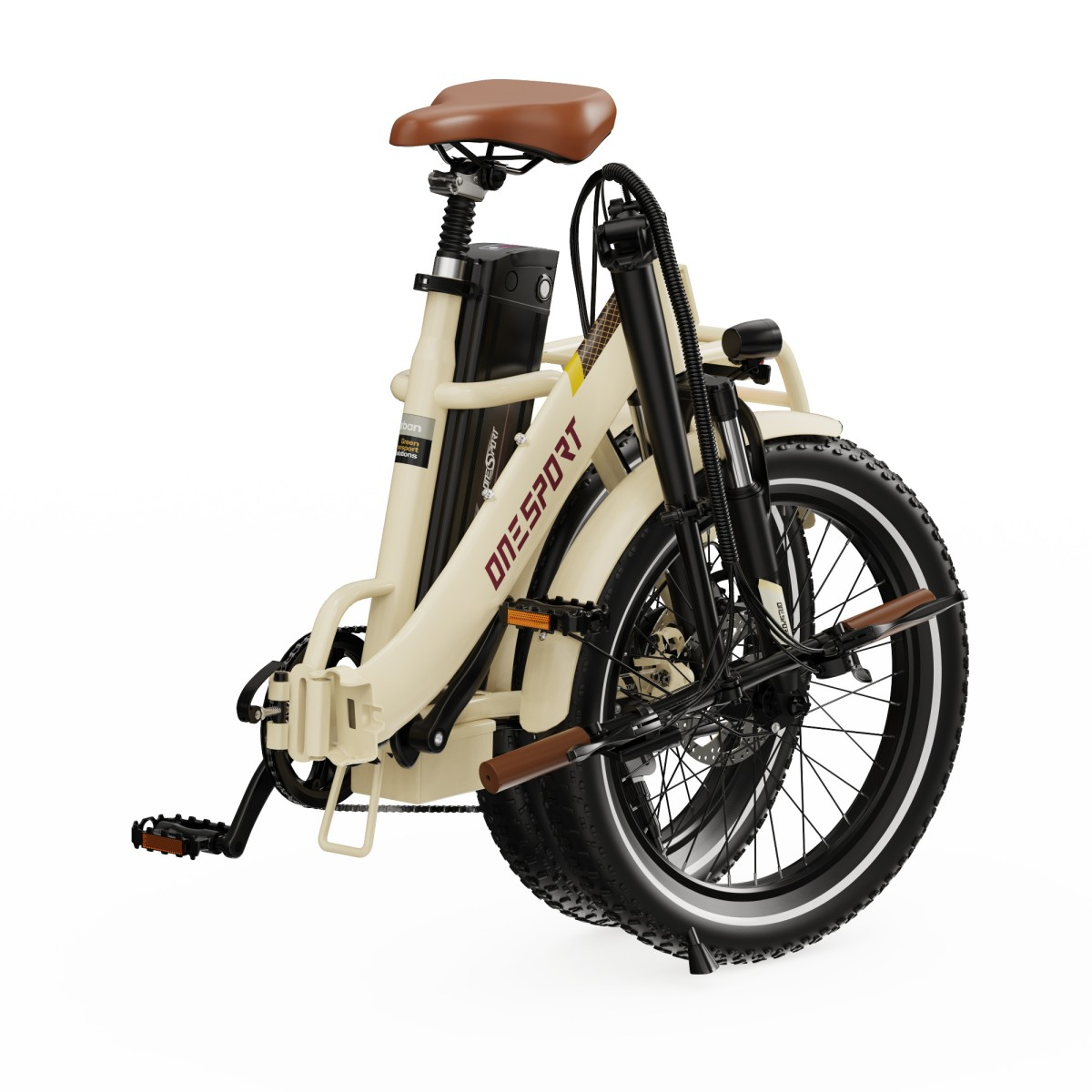 Una bicicletta elettrica piegata color crema con sella marrone e pneumatici neri.