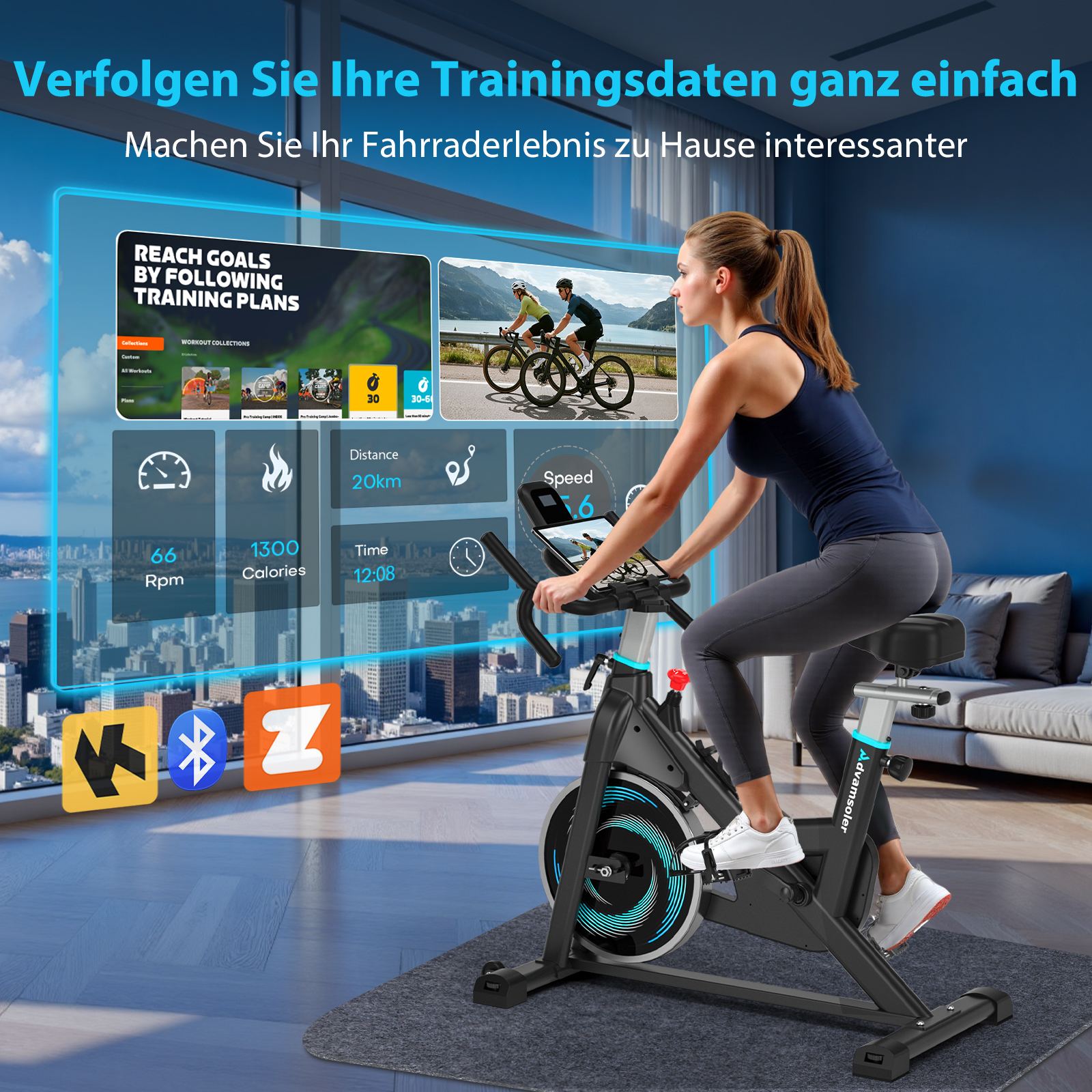 Frau auf Heimtrainer mit digitalem Display, das Trainingsdaten anzeigt.