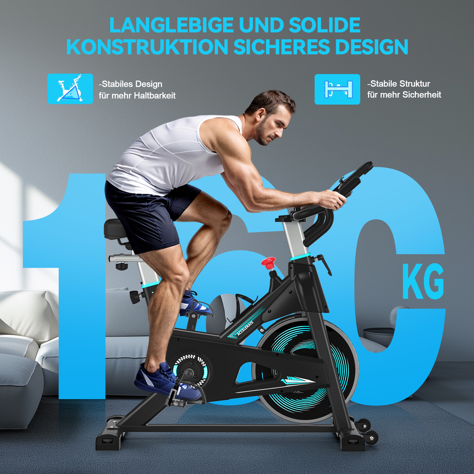 Mann auf einem Heimtrainer mit 150 kg Gewichtsanzeige. Stabile Konstruktion.