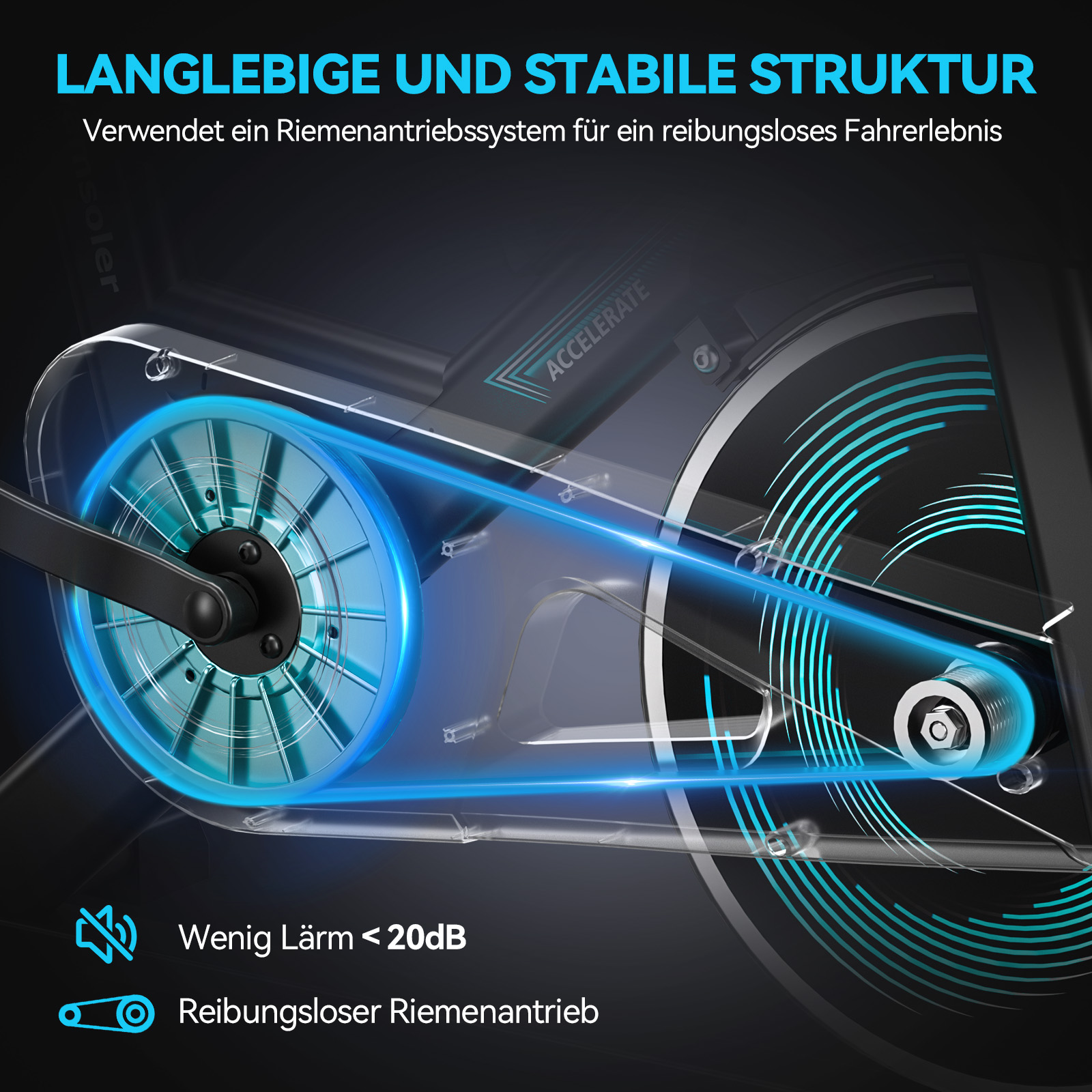 Fahrrad-Antriebssystem mit Riemen, blau beleuchtet, leise.