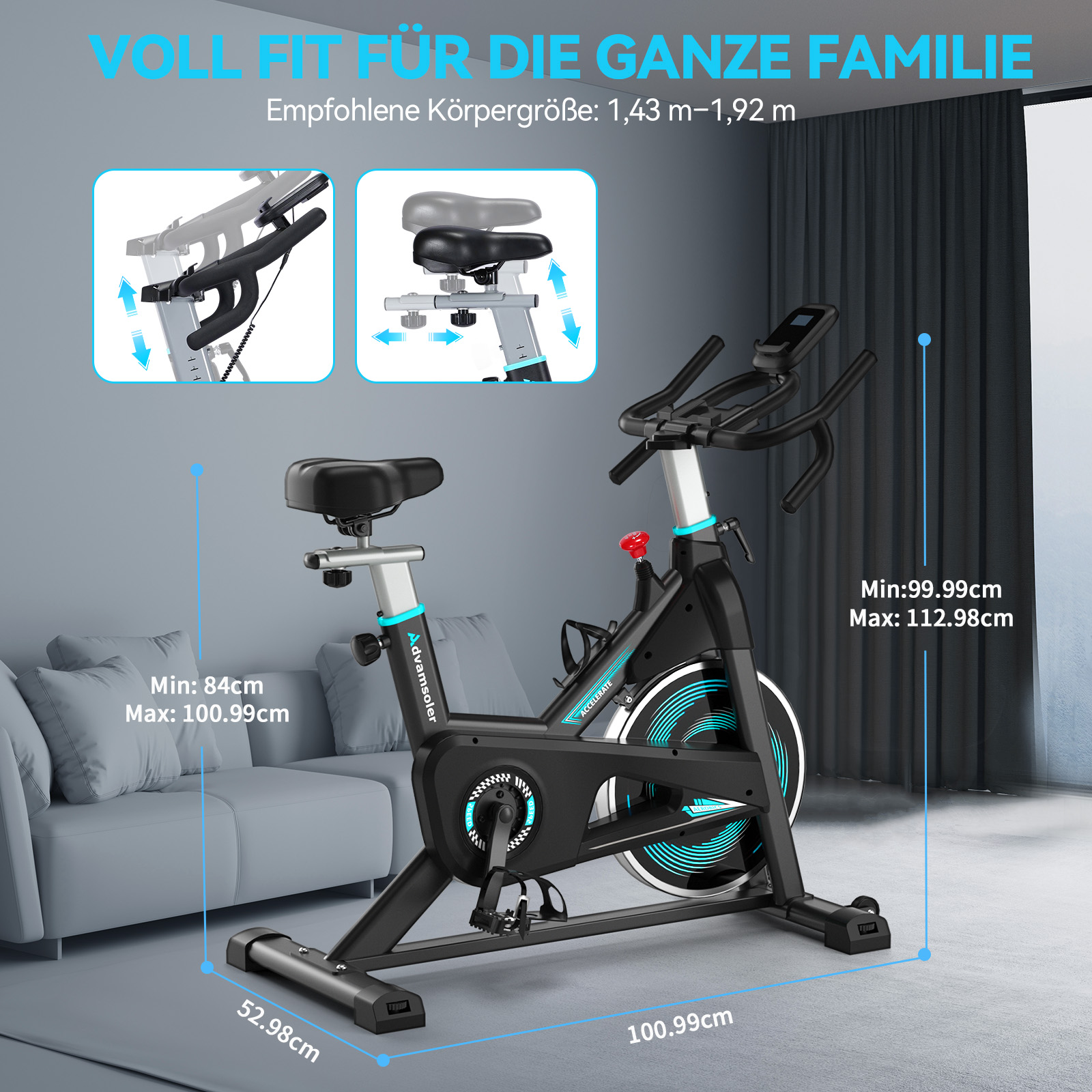 Ein schwarzes Indoor-Fahrrad mit verstellbarem Lenker und Sitz, daneben ein Sofa.