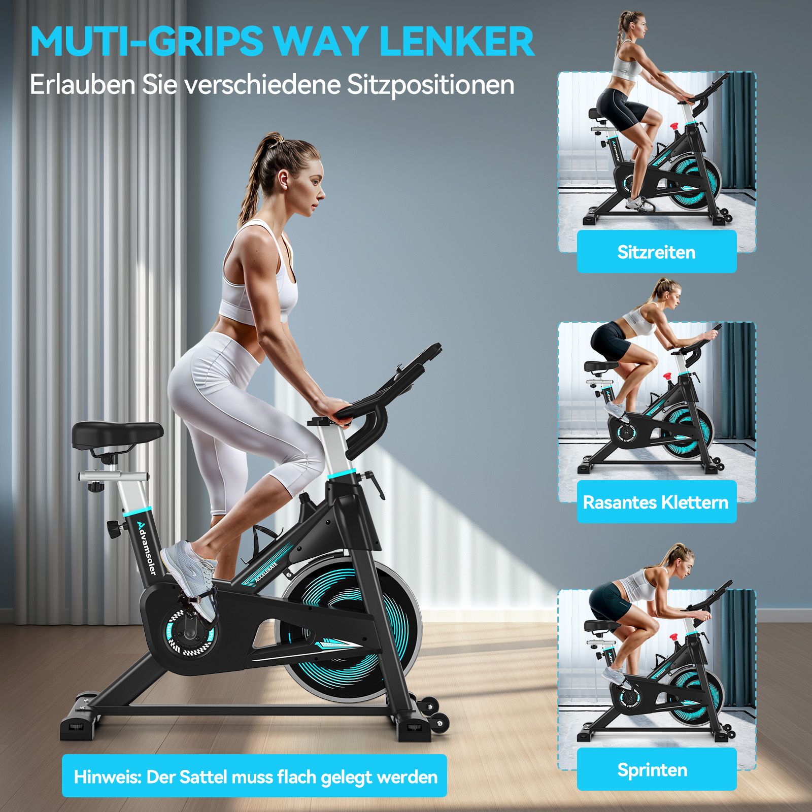 Frau auf einem Indoor-Bike in drei verschiedenen Haltungen: Sitzen, Klettern, Sprinten.