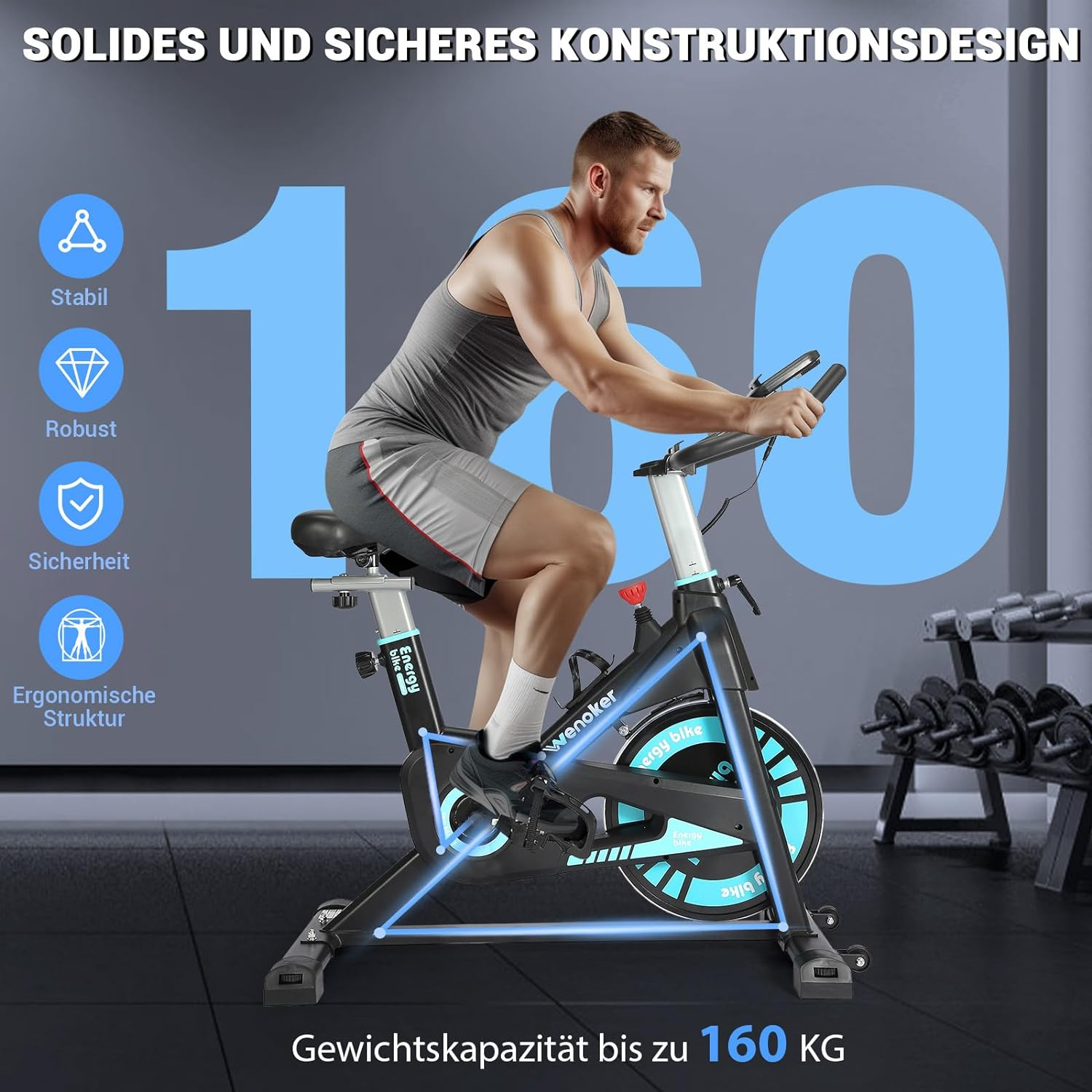 Ein Mann trainiert auf einem schwarzen Heimtrainer mit blauen Akzenten.