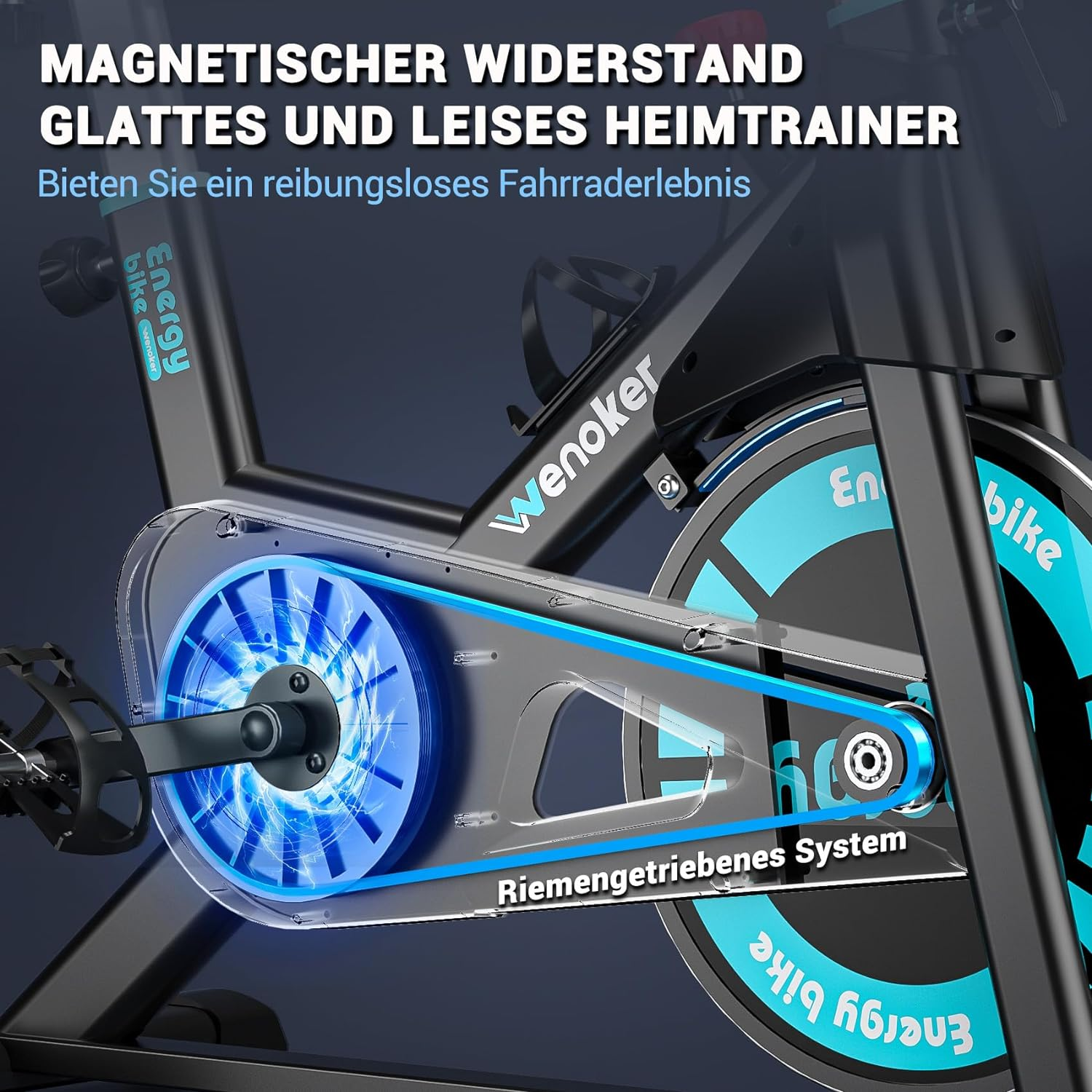Heimtrainer mit magnetischem Widerstand, Riemenantrieb und leiser Funktion.