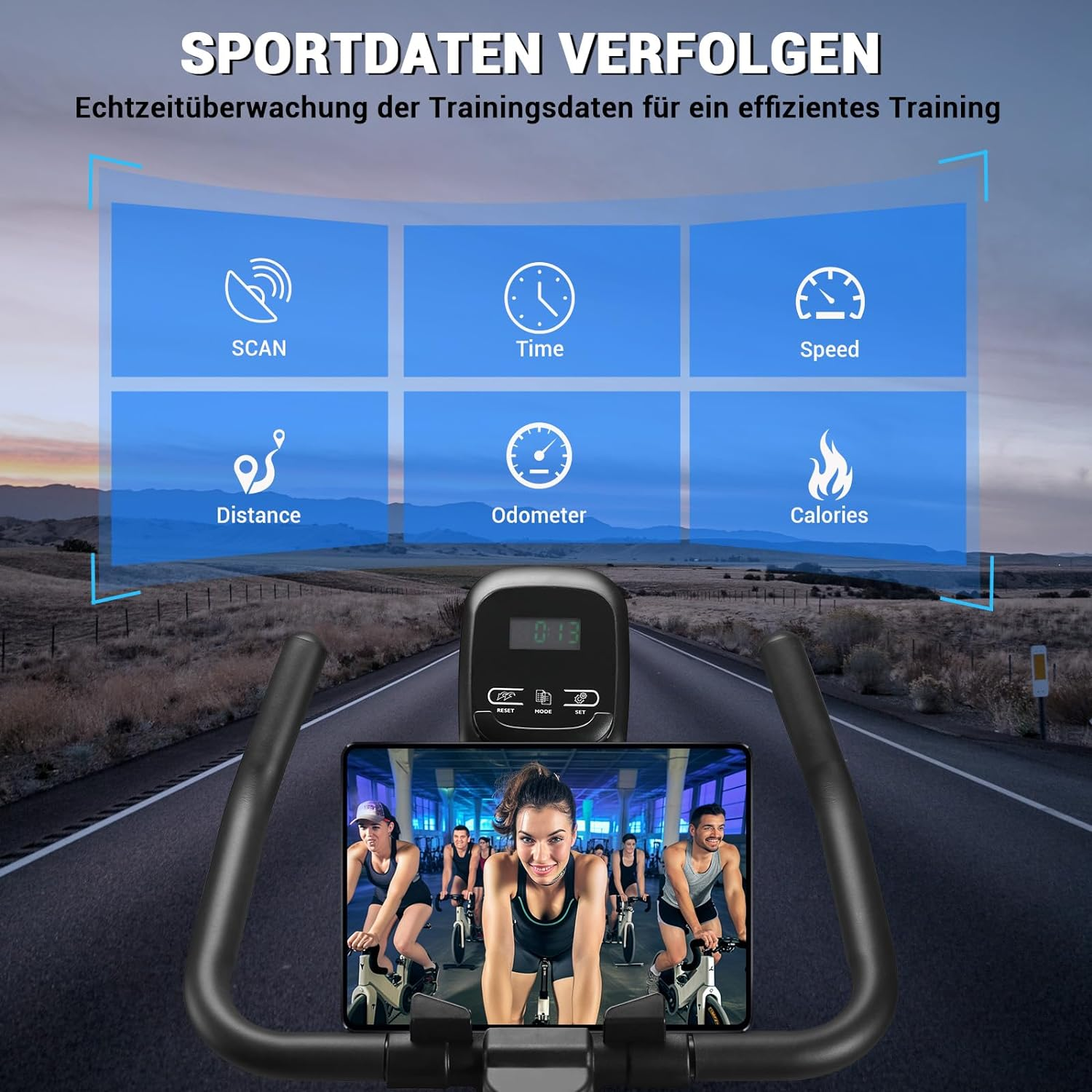 Stationäres Fahrrad mit Smartphone-Halterung, zeigt Trainingsdaten an.