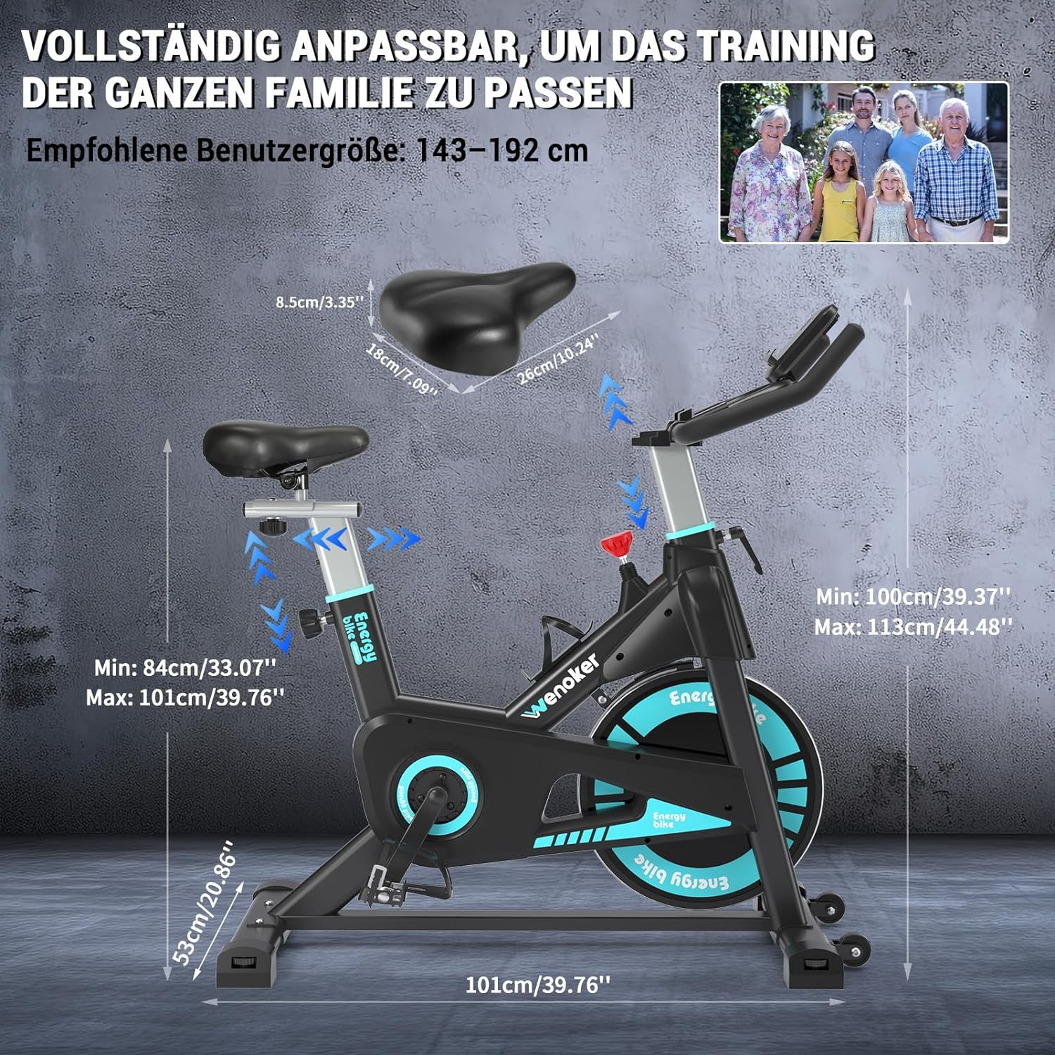 Ein schwarzes Indoor-Fahrrad mit blauen Akzenten und Maßangaben.