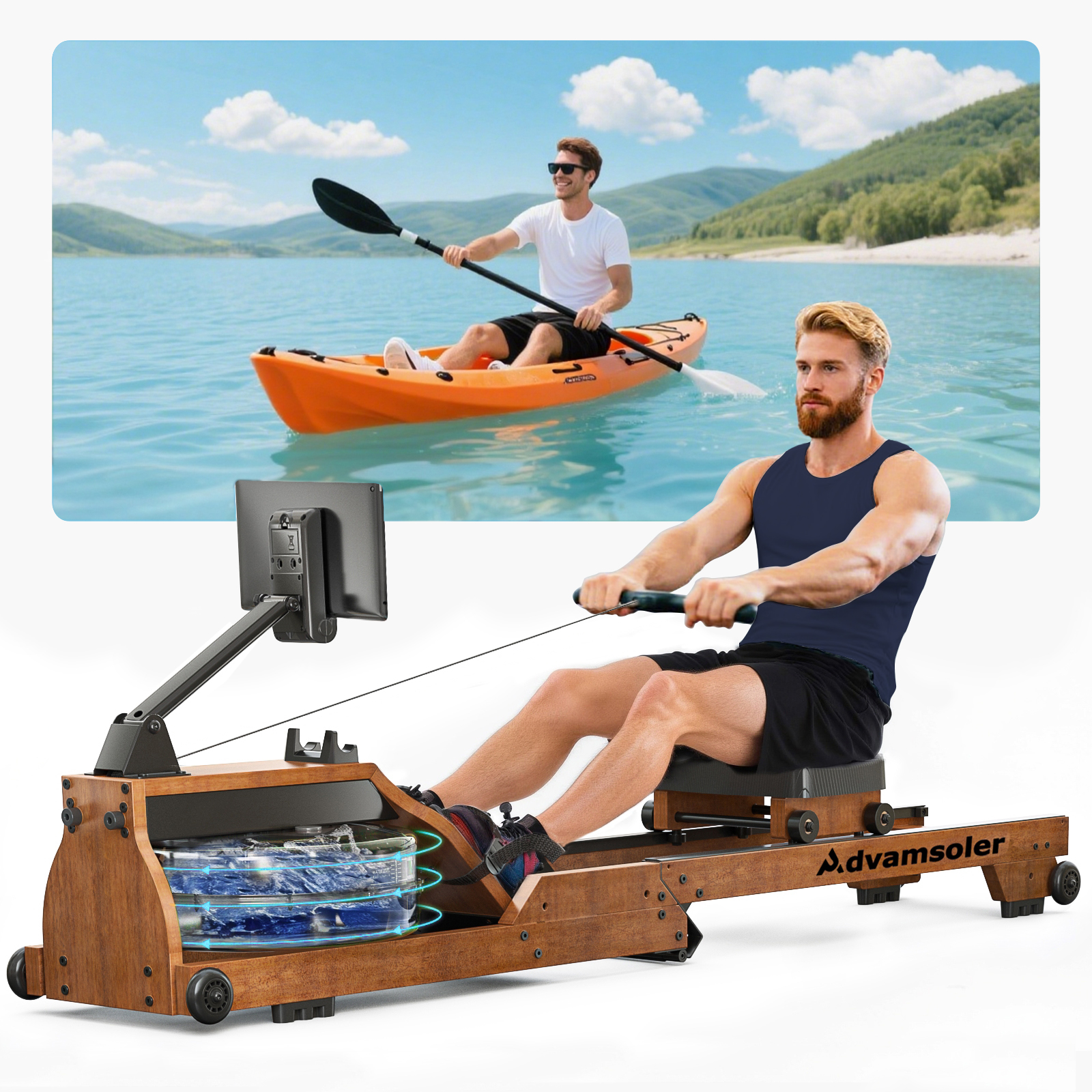 Mann rudert auf einem Heimtrainer, im Hintergrund Mann im Kajak auf See.