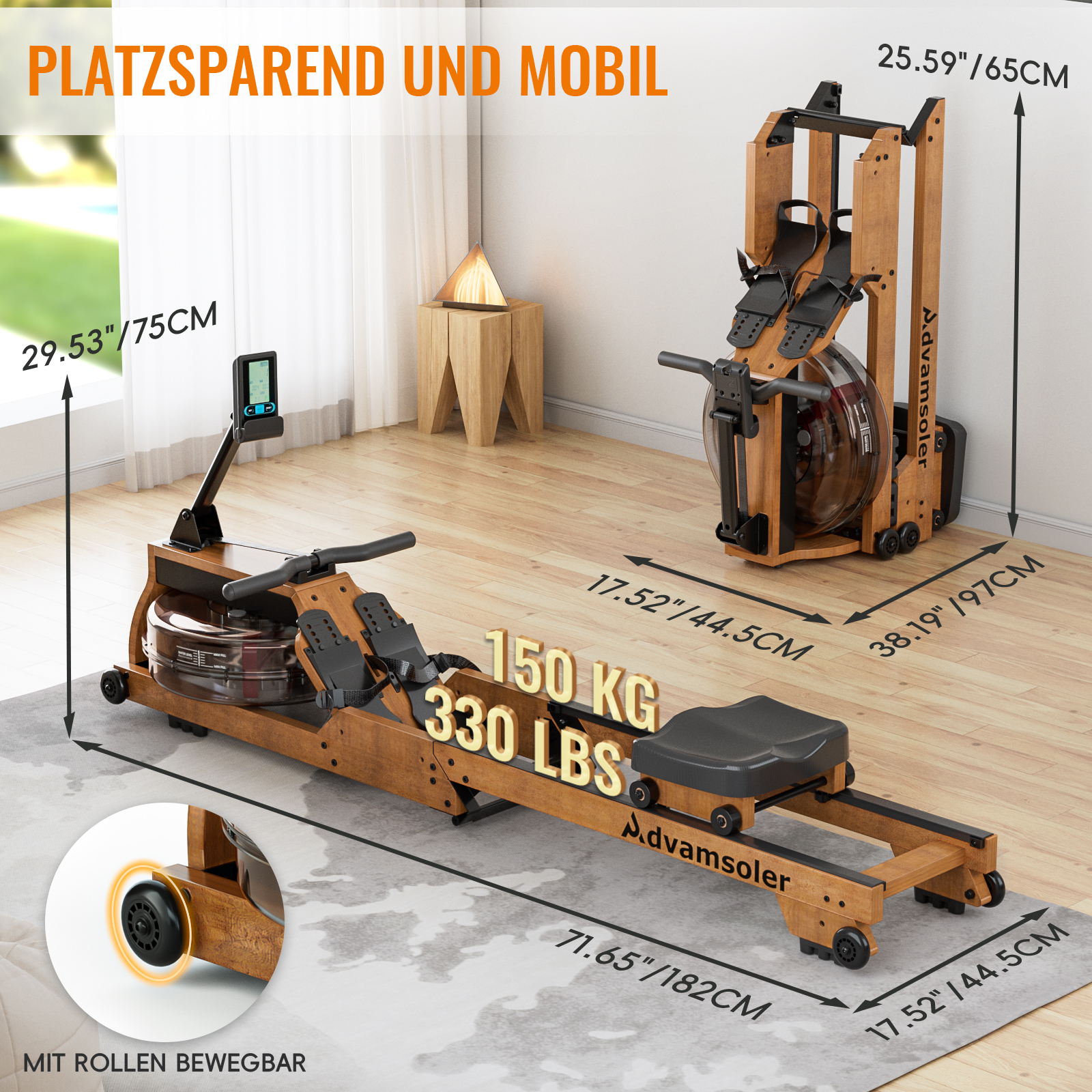 Ein Holz-Rudergerät mit Wassertank und digitaler Anzeige, zusammenklappbar.