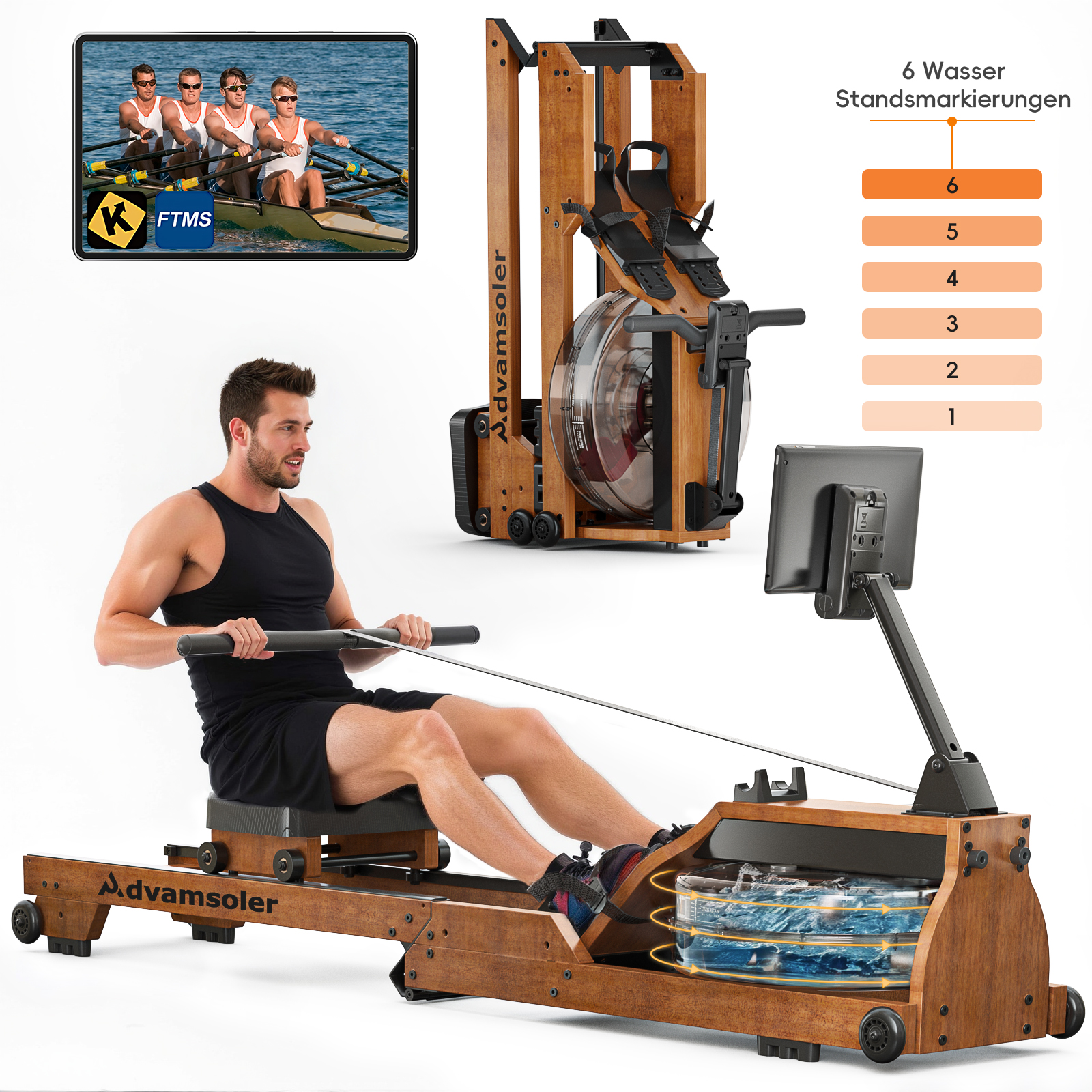 Ein Mann trainiert auf einem Rudergerät aus Holz mit sichtbarem Wassertank.
