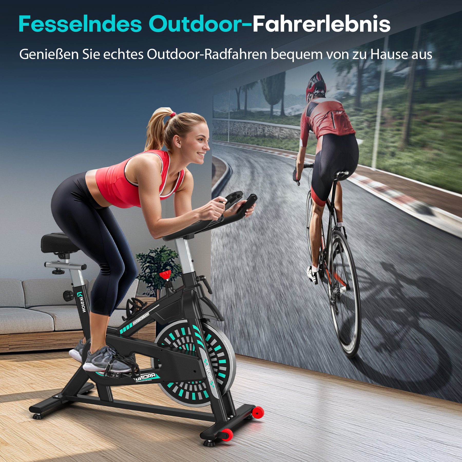 Frau auf Heimtrainer vor virtueller Radrennbahn. Mann fährt auf Rennrad.