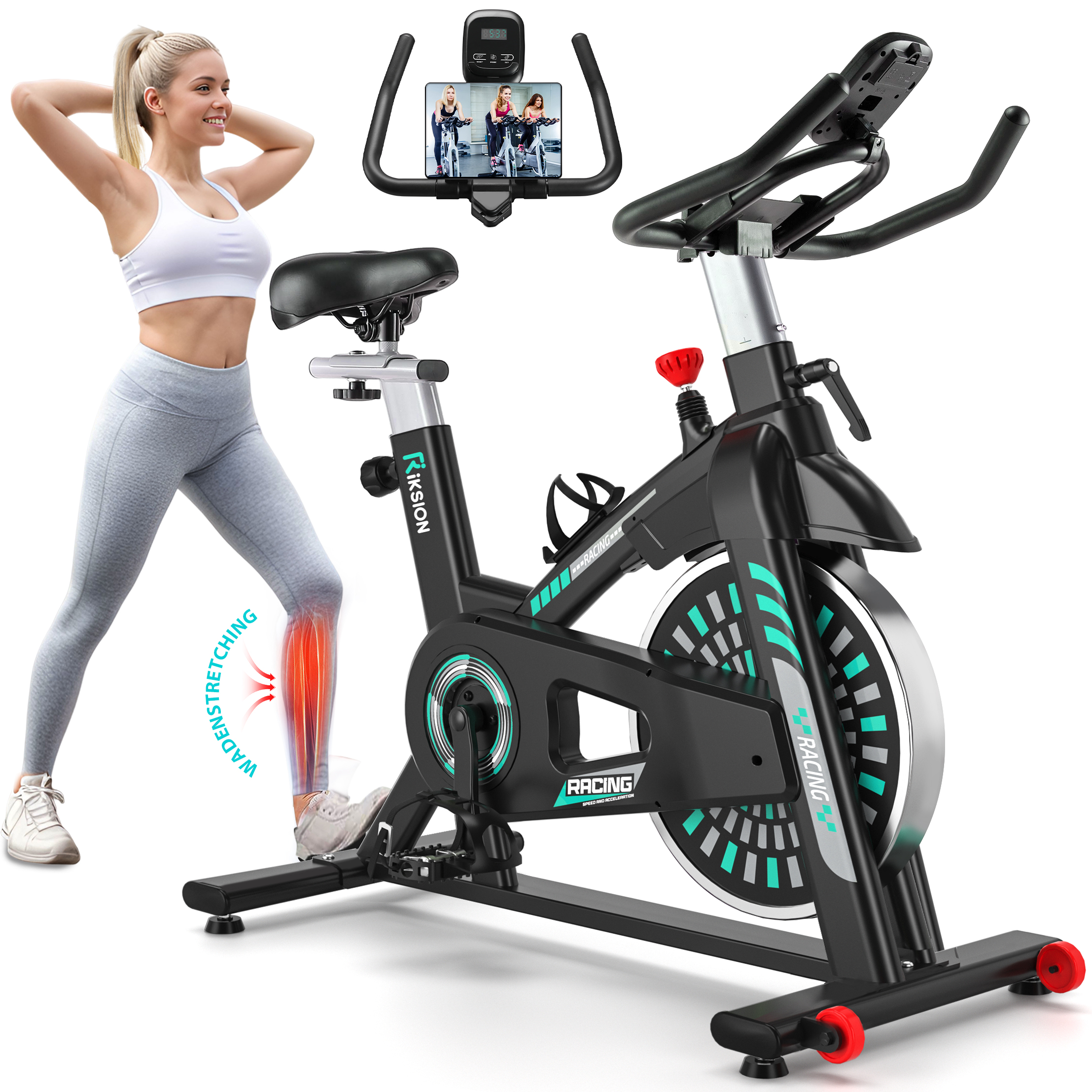Frau in weißem Sport-BH & grauer Leggings neben schwarzem Heimtrainer mit Handyhalter.
