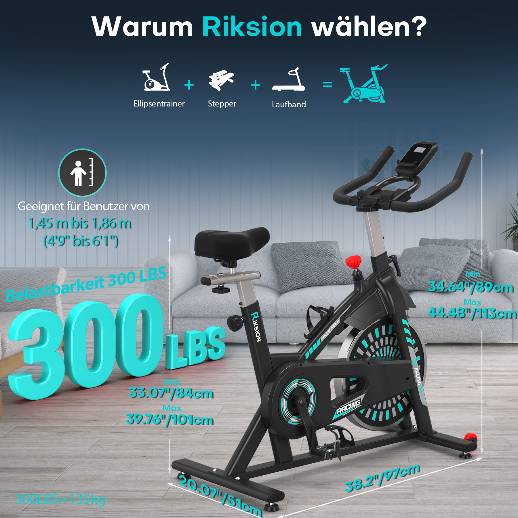 Ein schwarzes Indoor-Fahrrad mit cyanfarbenen Akzenten, das für Benutzer von 1,45m bis 1,86m geeignet ist.