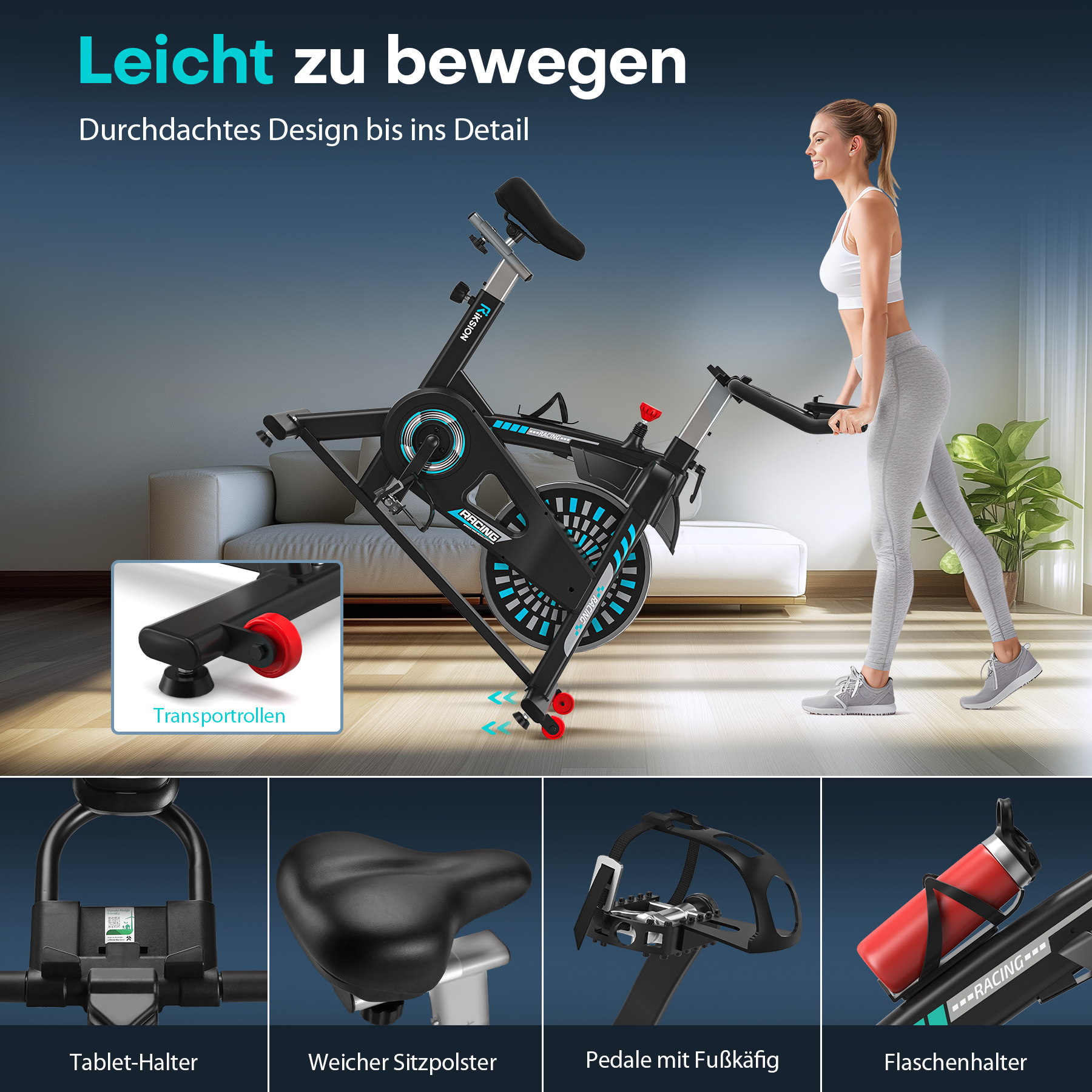 Eine Frau trainiert auf einem Heimtrainer; Details zeigen Rollen, Sitz, Pedale und Flaschenhalter.