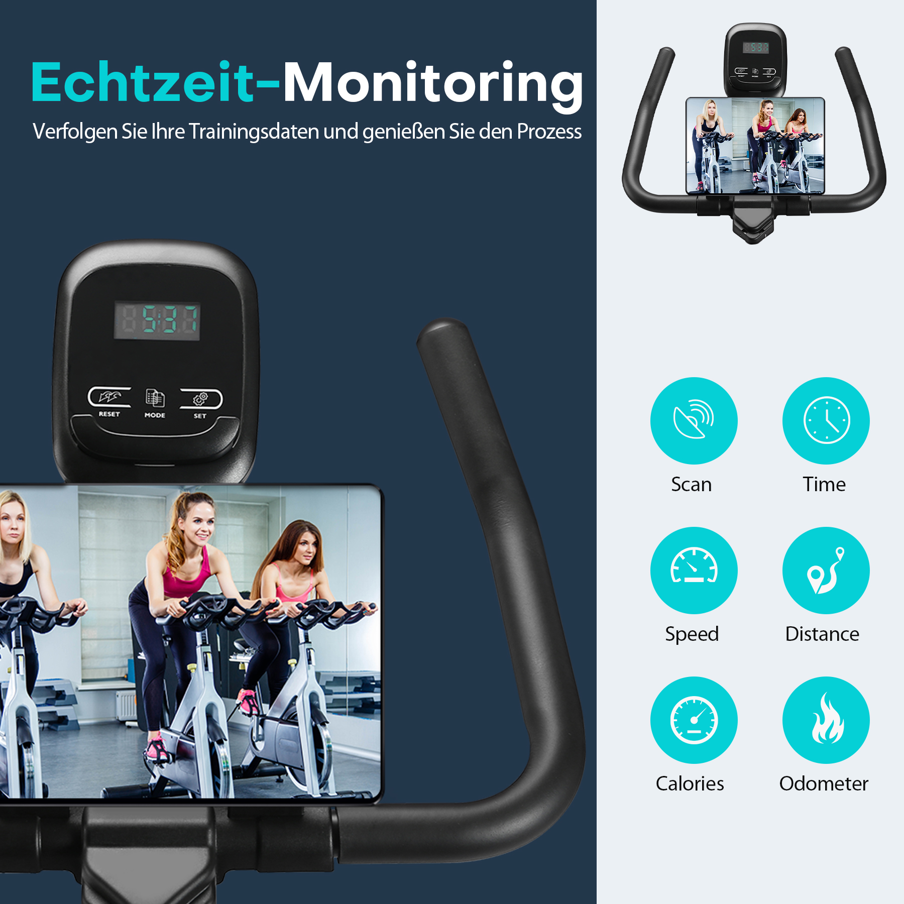Ein Ergometer mit Trainingsanzeige, Smartphone-Halterung und Icons für Scan, Zeit, Speed, Distanz, Kalorien, Odometer.