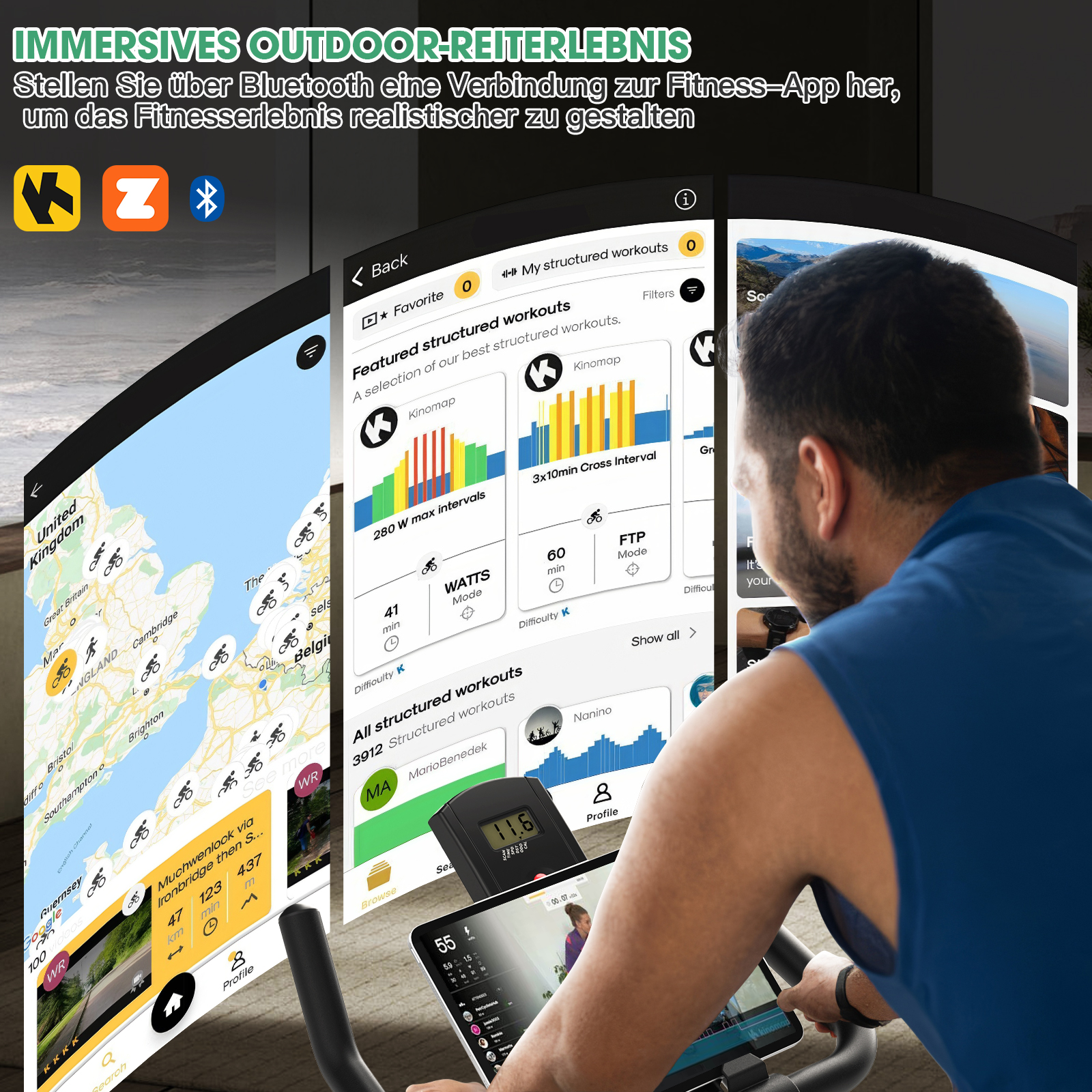 Mann auf Ergometer mit App-Ansichten: Karte, Workouts, Landschaftsbild.