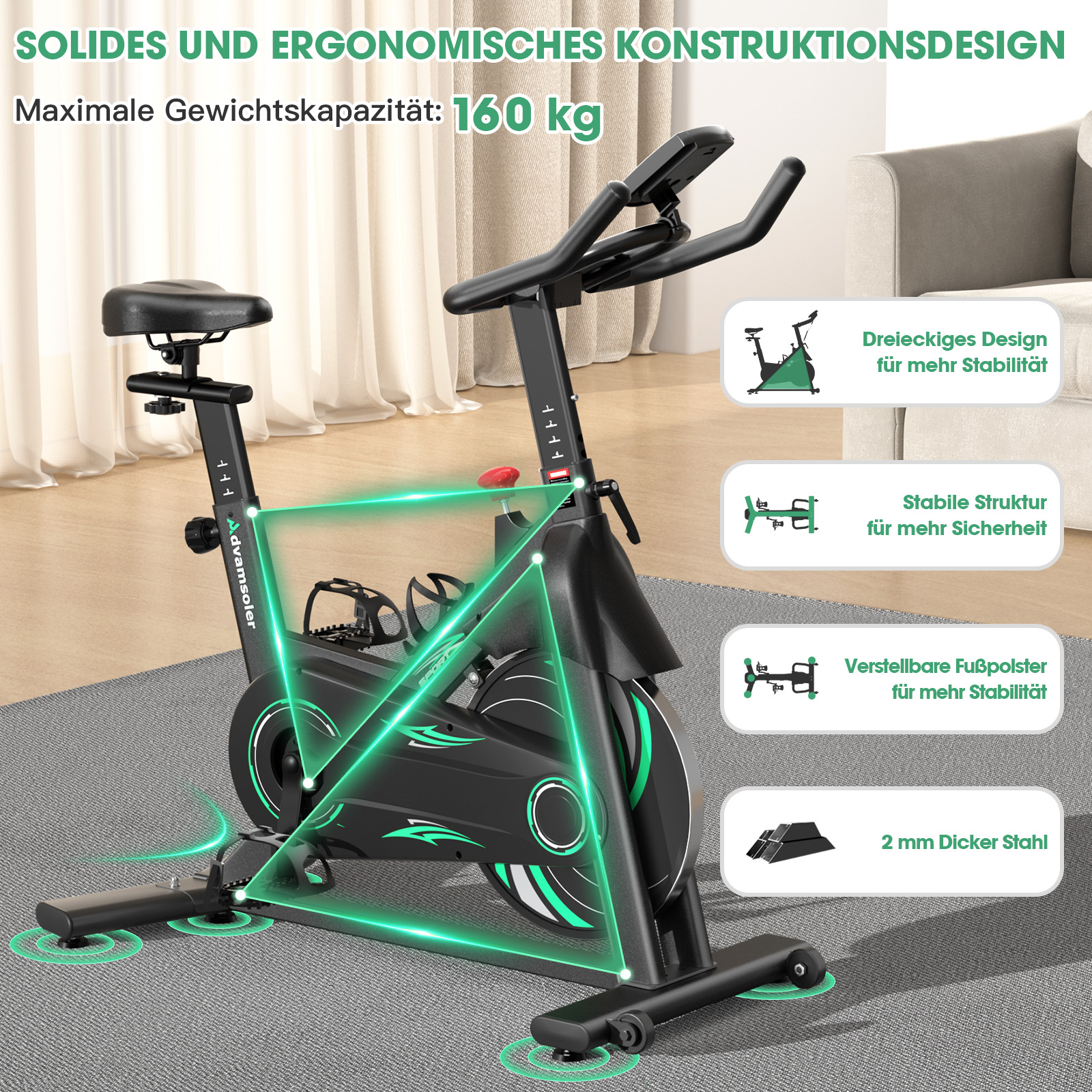 Schwarzes Indoor-Fahrrad mit grünem Akzent, 160 kg Kapazität, mit Text.