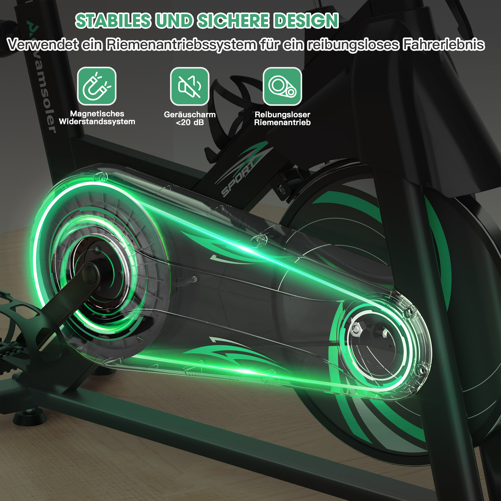 Ein schwarzes Fahrrad mit beleuchtetem Antriebsstrang und deutschen Texten.