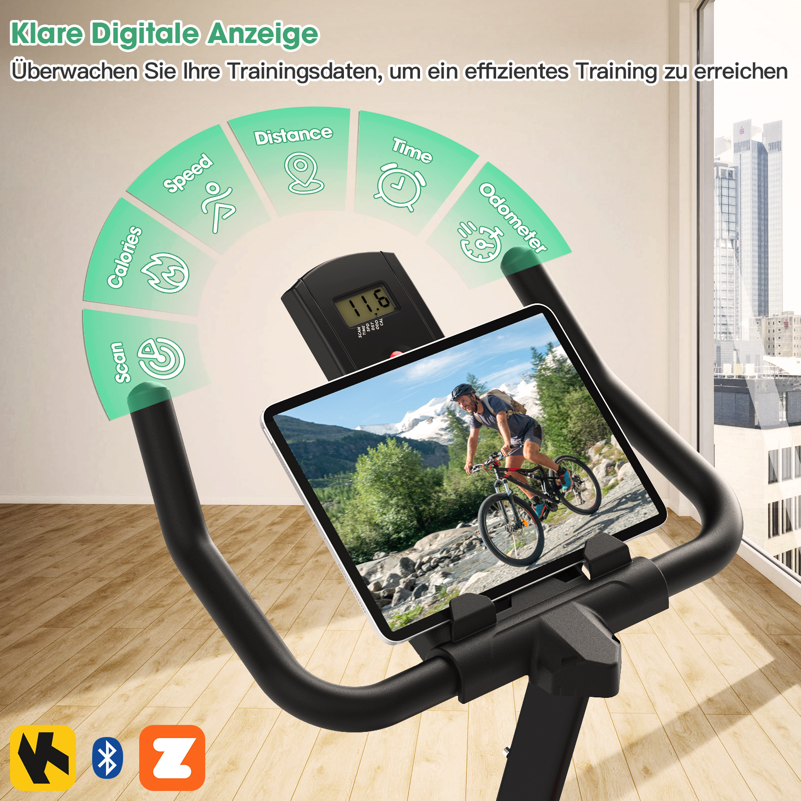 Heimtrainer mit digitaler Anzeige, die Trainingsdaten wie Kalorien, Distanz anzeigt.